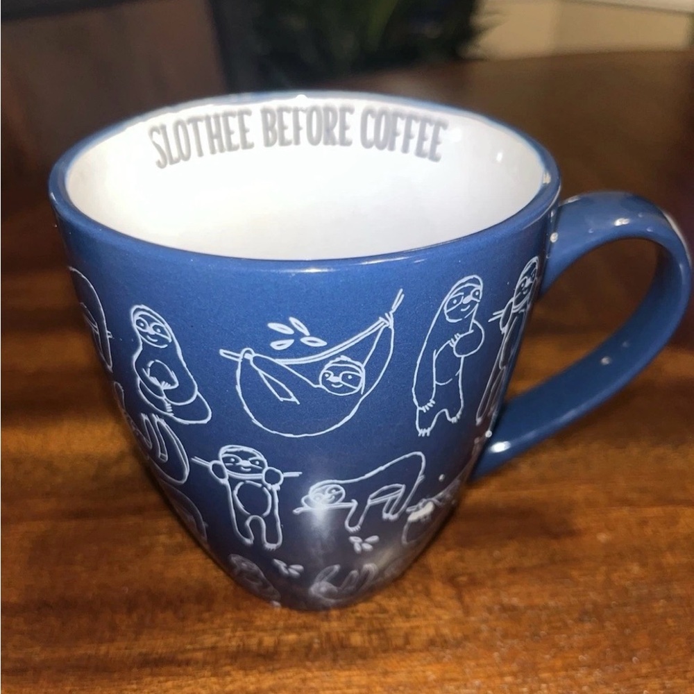 SLOTHEE BEFORE COFFEE Sloth Mug Blue and White Microwave and Dishwasher Safe